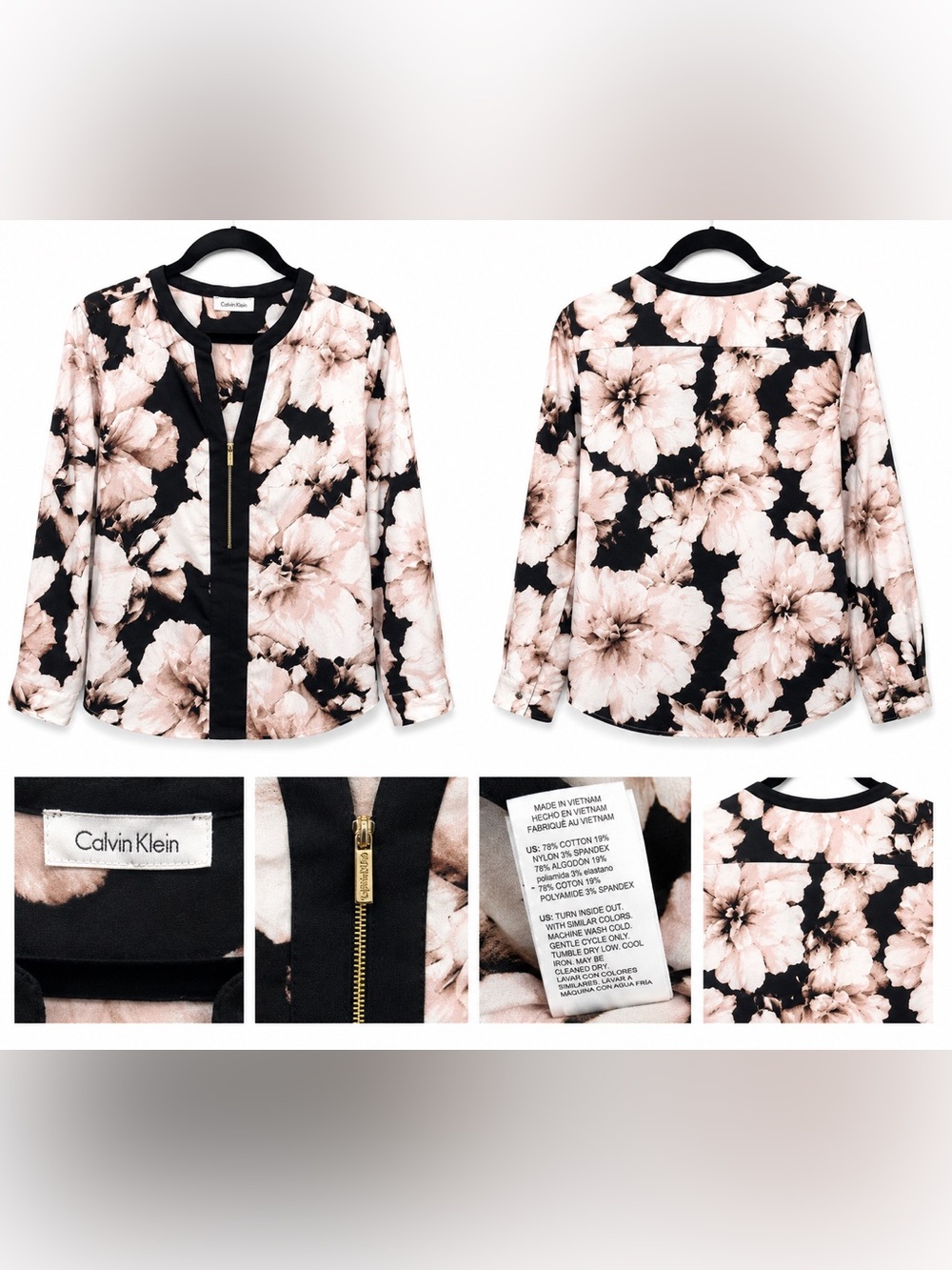 Calvin Klein Blush Pink Floral Gold Zip Blouse Black